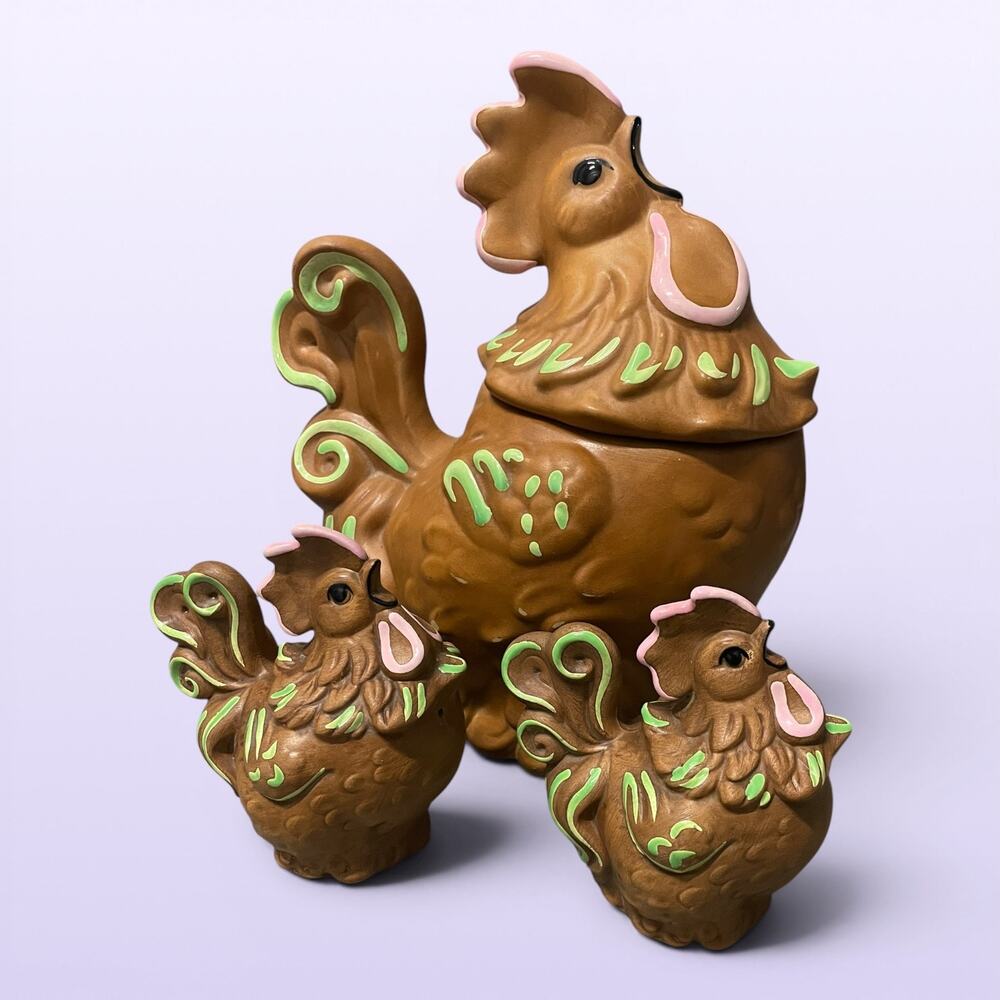 Twin Winton 1960s Rare Crowing Rooster Cookie Jar w Salt & Pepper Shakers